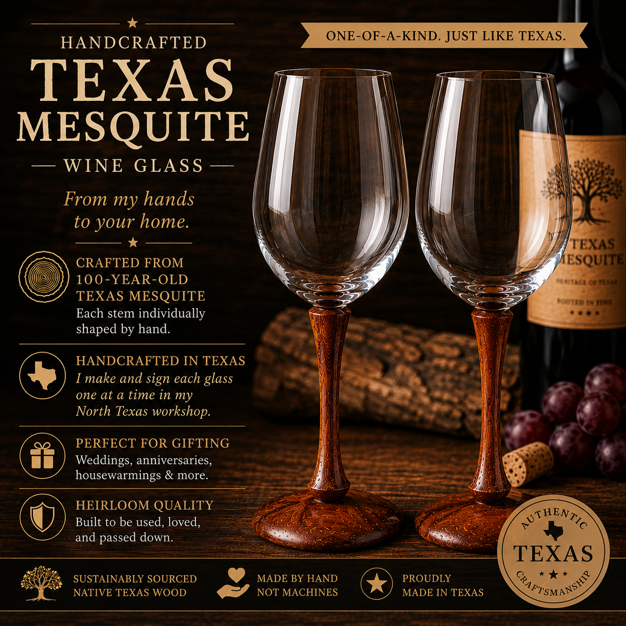 Handcrafted Texas mesquite wine glasses made and signed one at a time